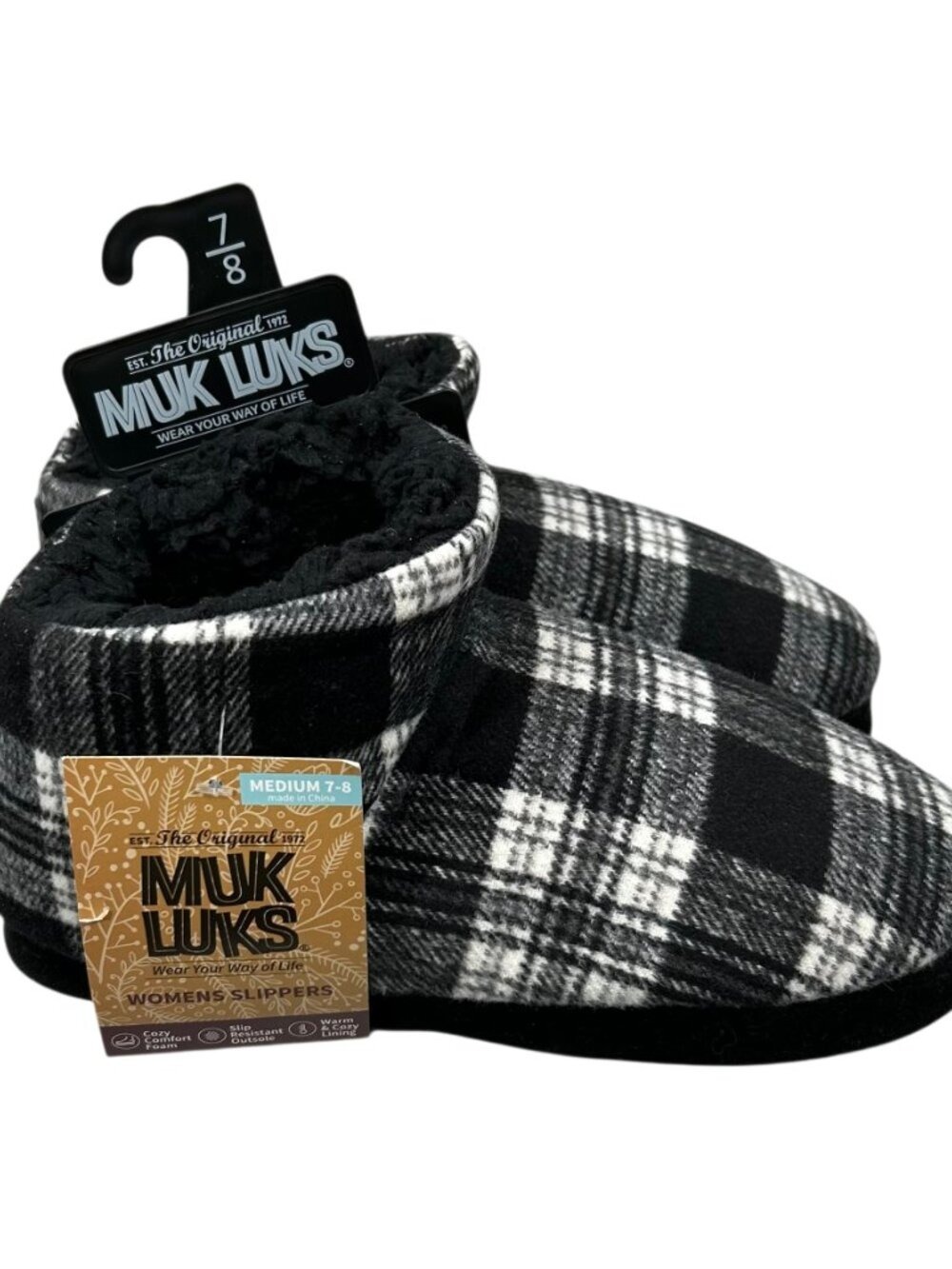 Muk Luks Women's NWT Fawn Black White Plaid Bootie Slippers Size M